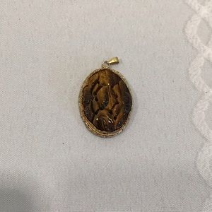 Vintage Carved and Pierced Chinese Pendant with Tiger Eye Cabochon